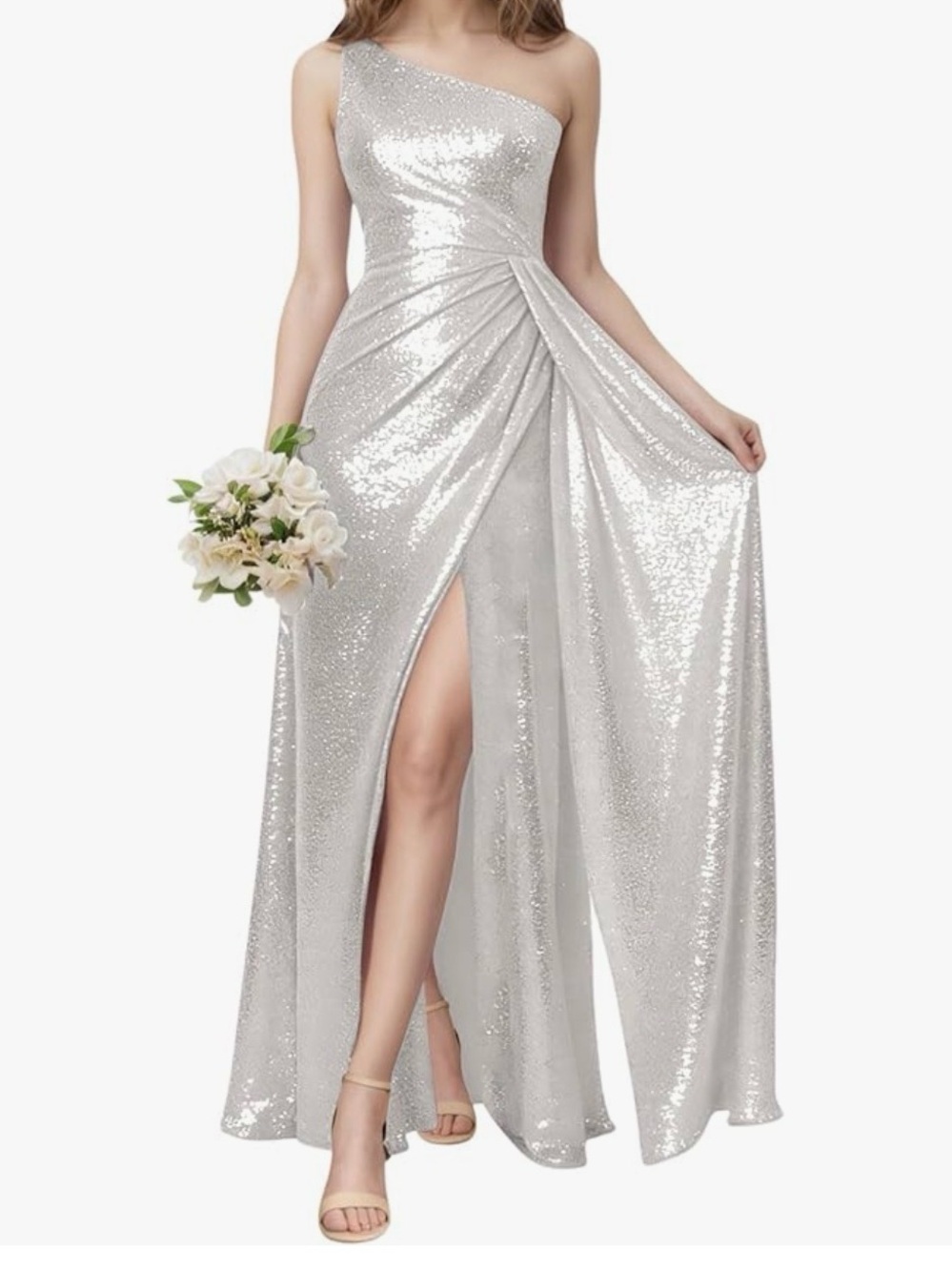 Girls' White One-Shoulder Sequin Party Dress